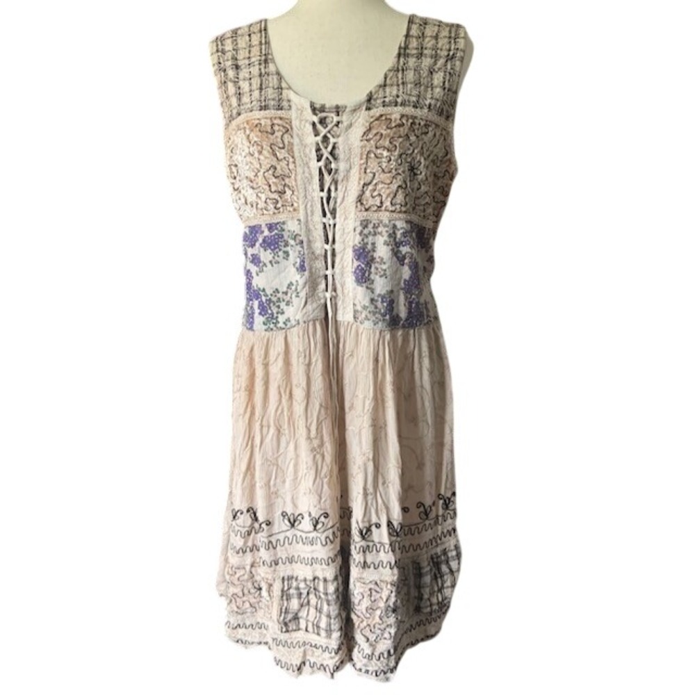 Patchwork Lace Up Front Dress L/XL Ren Faire Boho Cottagecore Embroidered